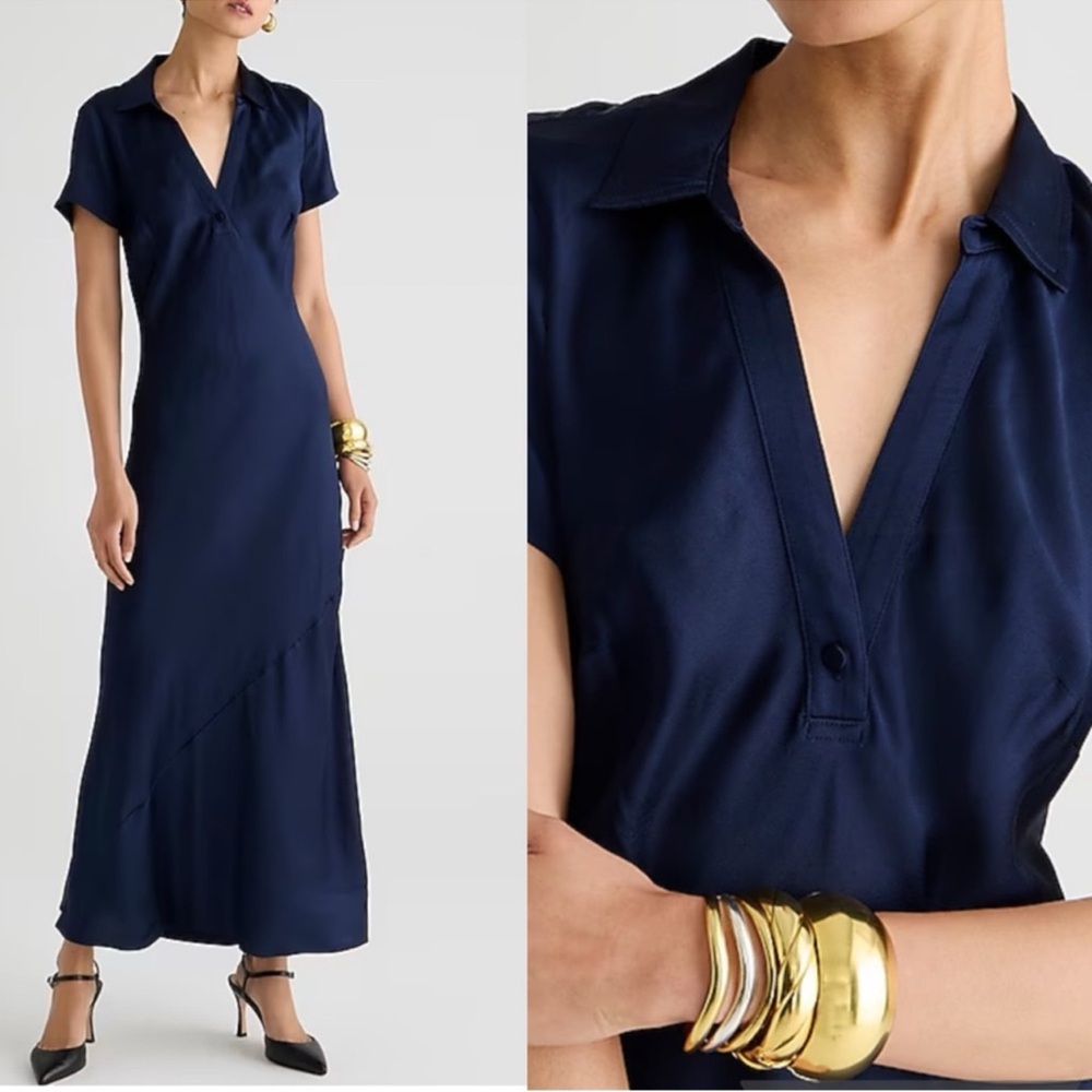 J.Crew Short-sleeve Maxi slip dress in Luster Crepe Navy blue